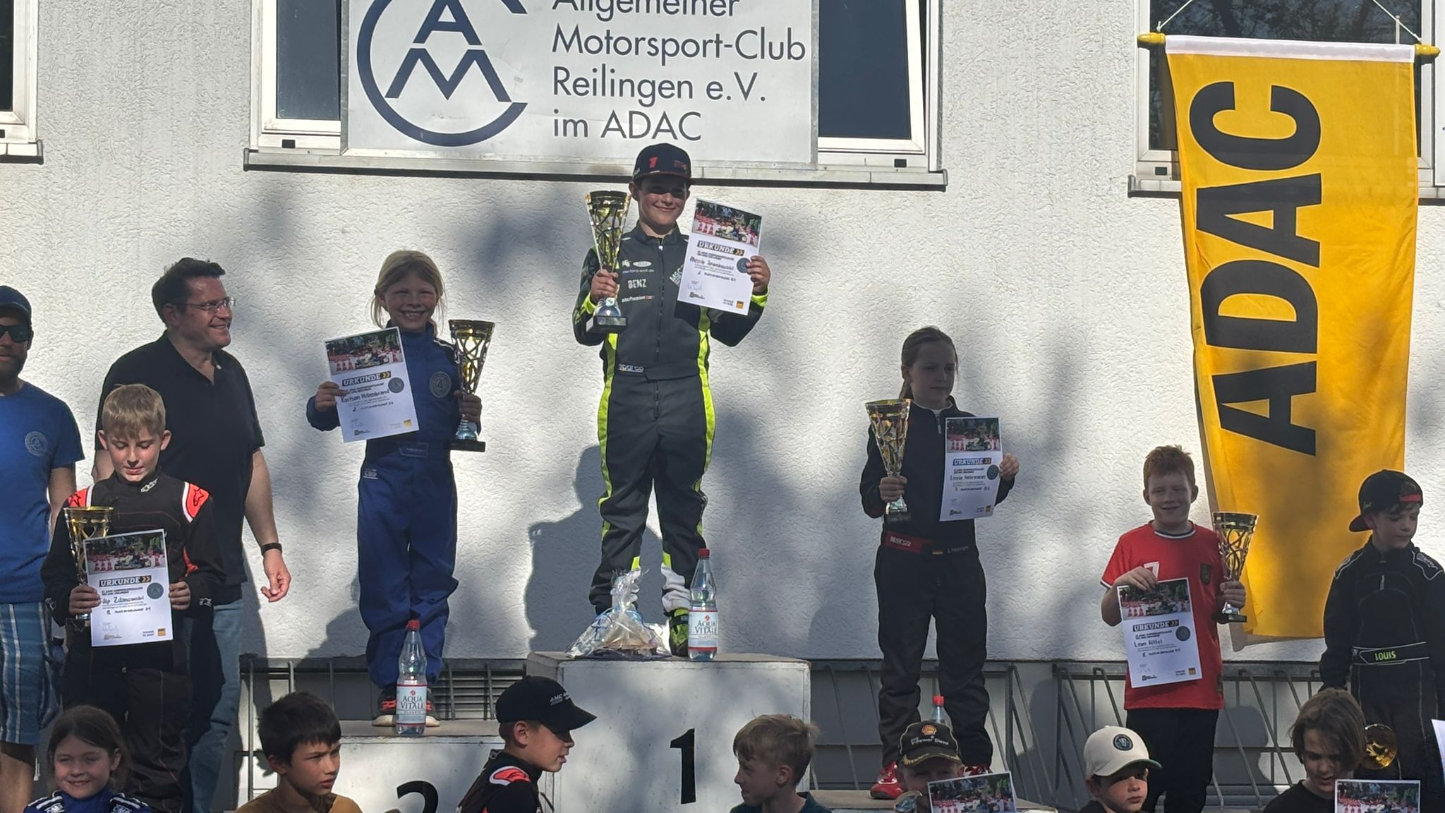 Siegerehrung Klasse 1 Jugendkartslalom Reilingen 2026 mit Alessio Spankowski auf Platz 1