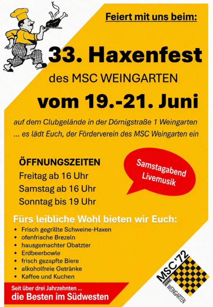 33. Haxenfest des MSC Weingarten – Plakat zum Vereinsfest vom 19. bis 21. Juni 2026